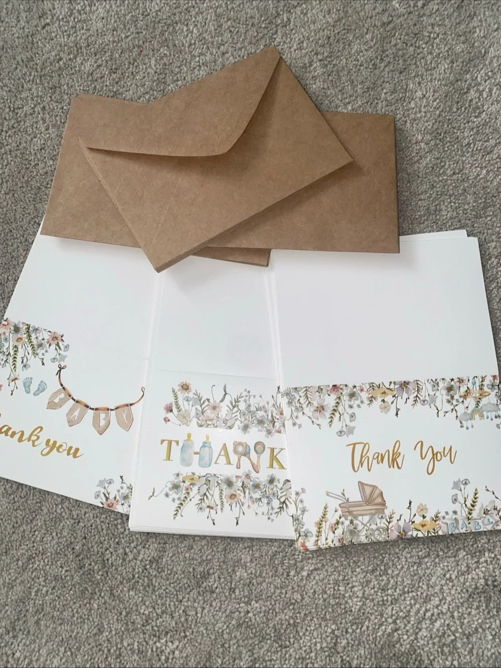 24 Baby Shower Thank You Cards With Envelopes Floral Brown Blue